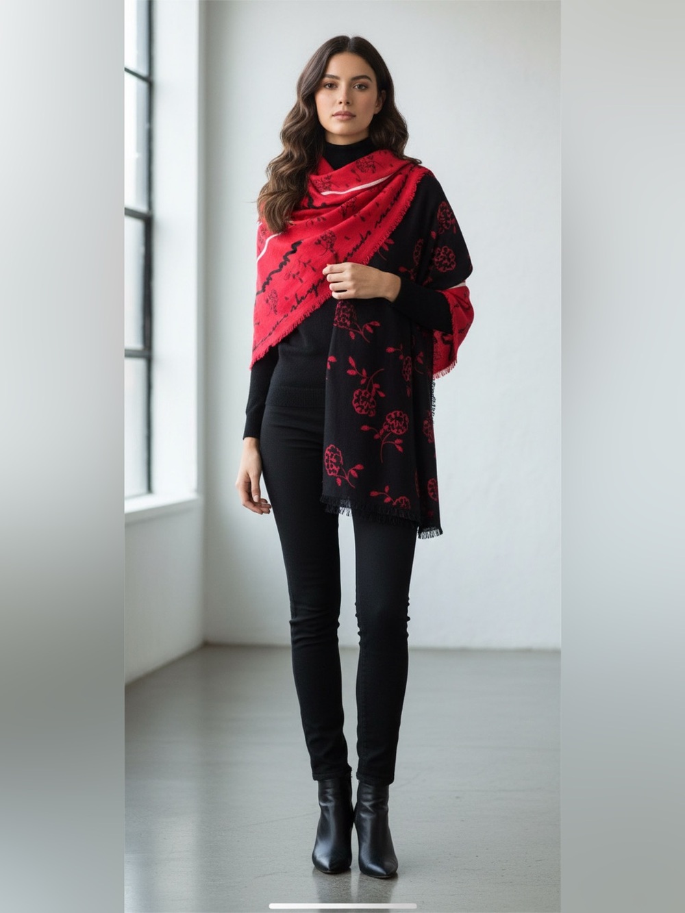 A/X Armani Exchange Black and Red Floral Script Panel Scarf